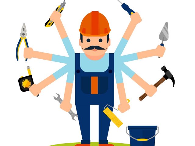 Flat style concept of handyman worker with 8 hands and tools for house maintenance repairs and renovation vector illustration