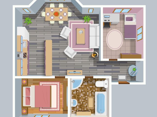 Architectural flat plan top view with living rooms bathroom kitchen and lounge furniture vector illustration